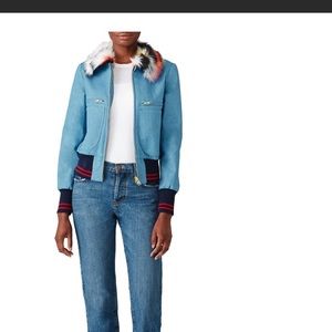 Harvey Faircloth Denim Bomber with Rainbow Faux Fur Collar